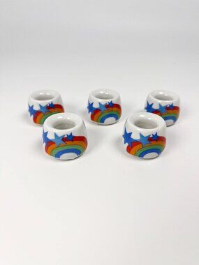 Vintage set of 5 mini rainbow and star ceramic candleholders